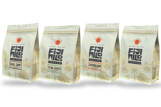 Fiji Wild Coffee bundle: Base Camp, Flow State, Superbloom and OG Wild 12 oz bags side by side